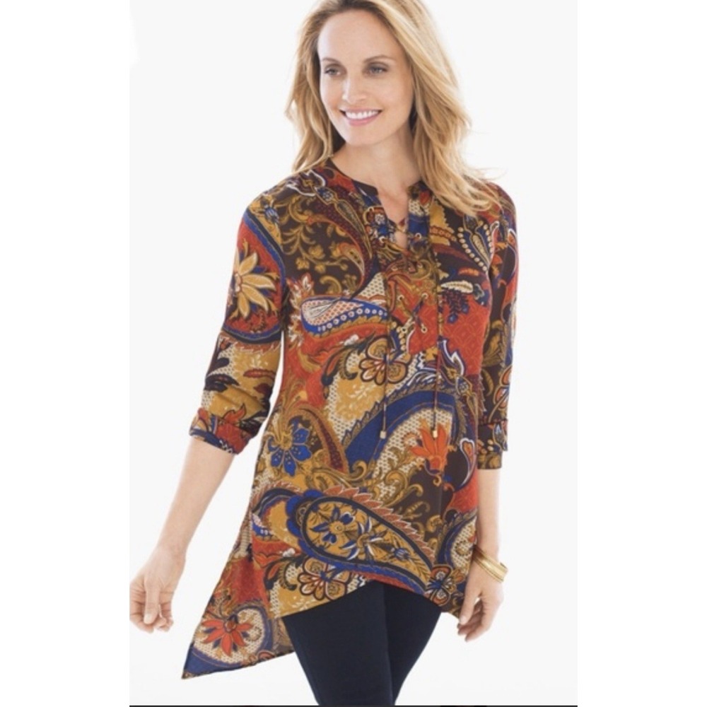 Chico's Paisley Tunic Top‎ Sz L Lace Up Neckline Lightweight Boho asymmetrical
